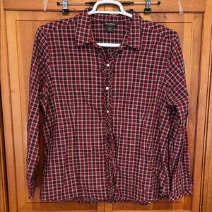 Eddie Bauer Red Plaid Ruffle‑Front Shirt XXL EUC Cotton Button‑Down